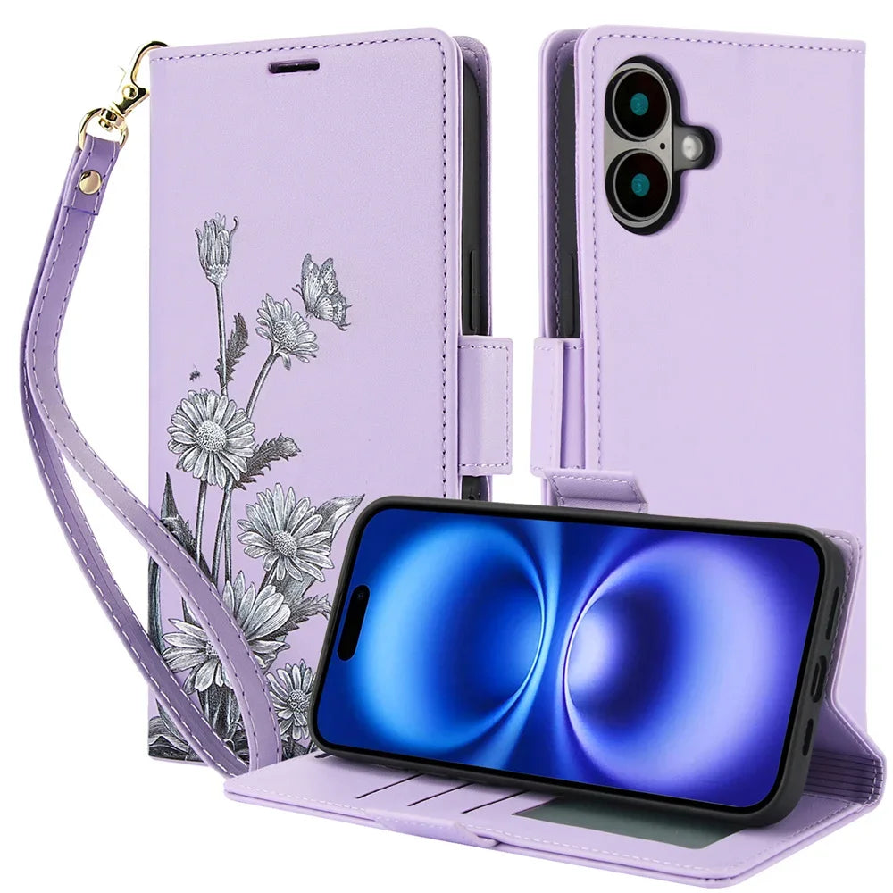 Premium Leather Flip Case with Card Slots & Wrist Strap for iPhone 16 Series