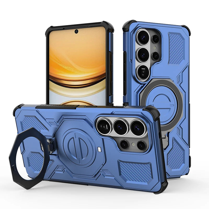 Samsung Galaxy S26 Series Rugged Armor Case with Rotating Metal Ring Stand