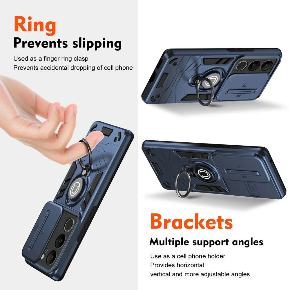 Shockproof Armor Case with Slide Camera Lens Protection and Ring Stand for VIVO V29 Series