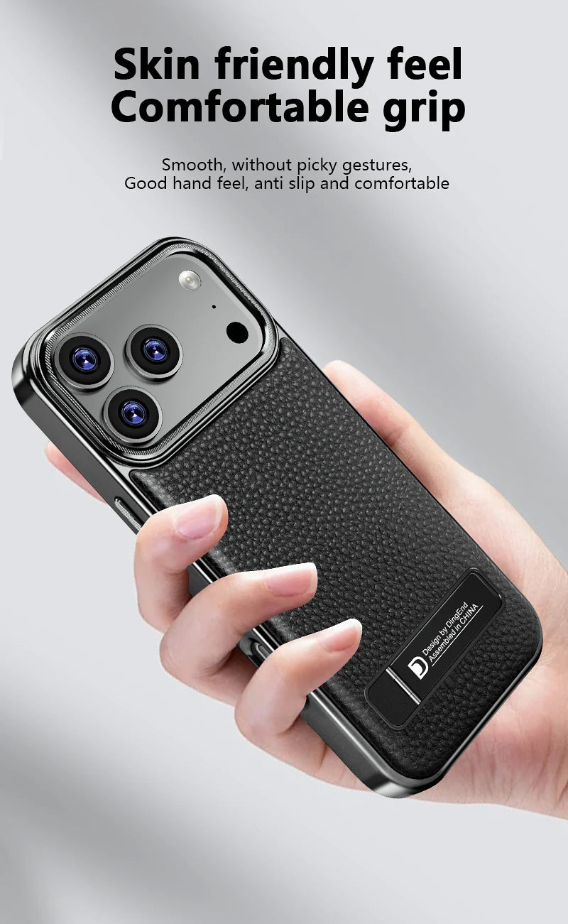 Premium Electroplated Leather Magsafe Case with Foldable Stand for iPhone 17 Series