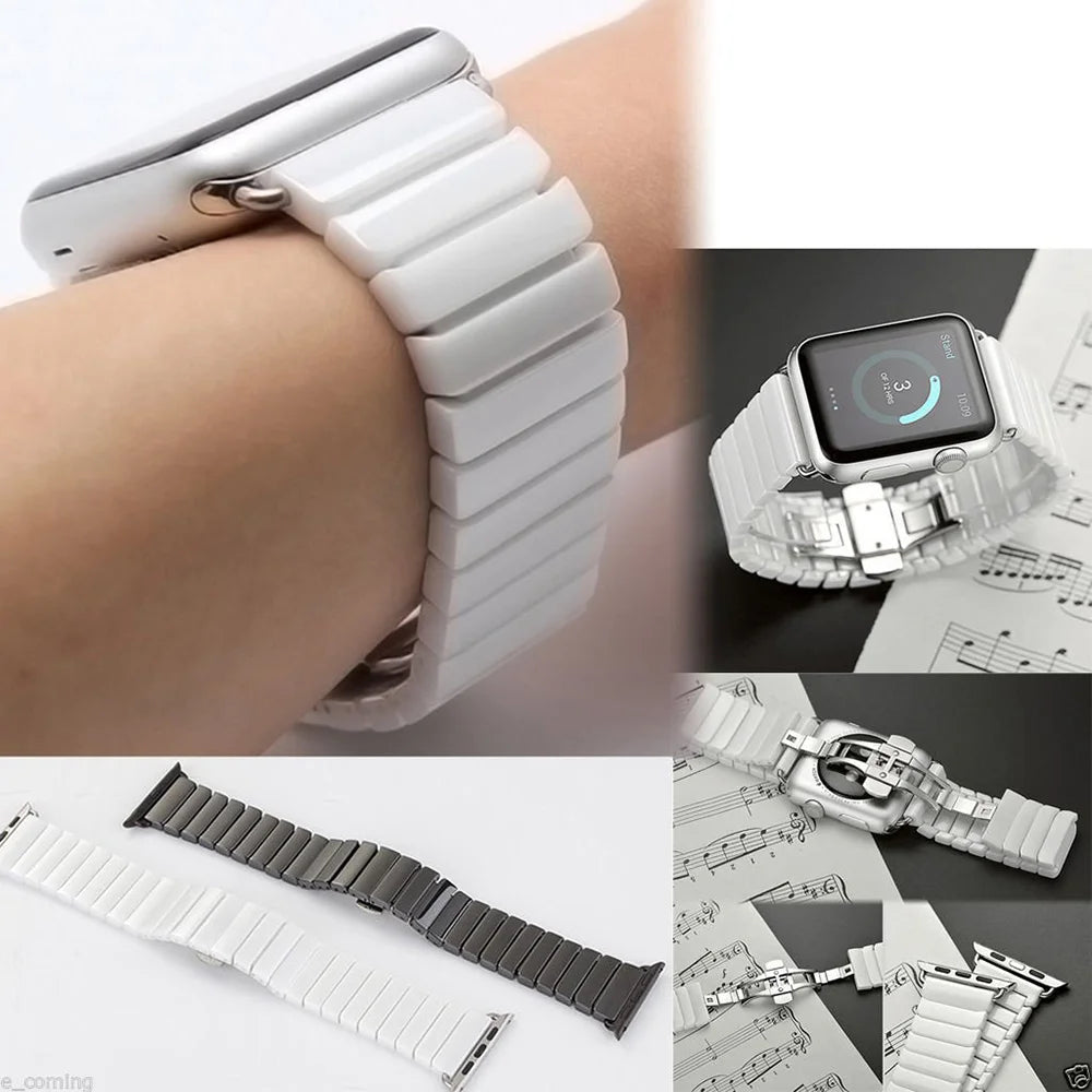 Ceramic Link Bracelet Band with Butterfly Clasp for Apple Watch