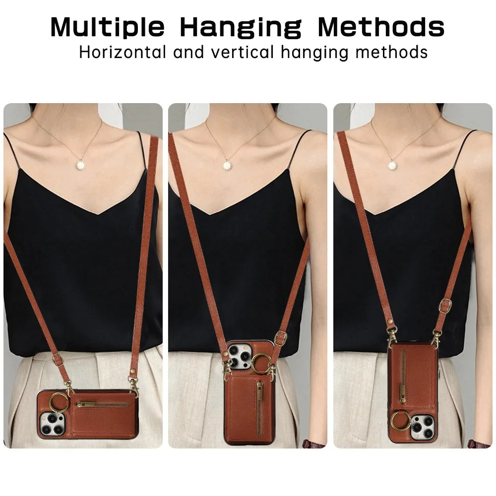 Crossbody Zipper Wallet Phone Case with Ring and Card Holder for iPhone 16 Series