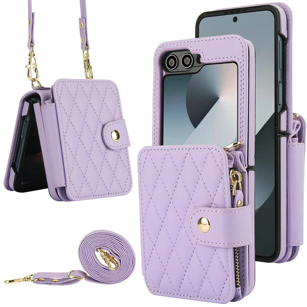 Premium Leather Crossbody Case with Card Holder & Wrist Strap for Samsung Galaxy Z Flip 6