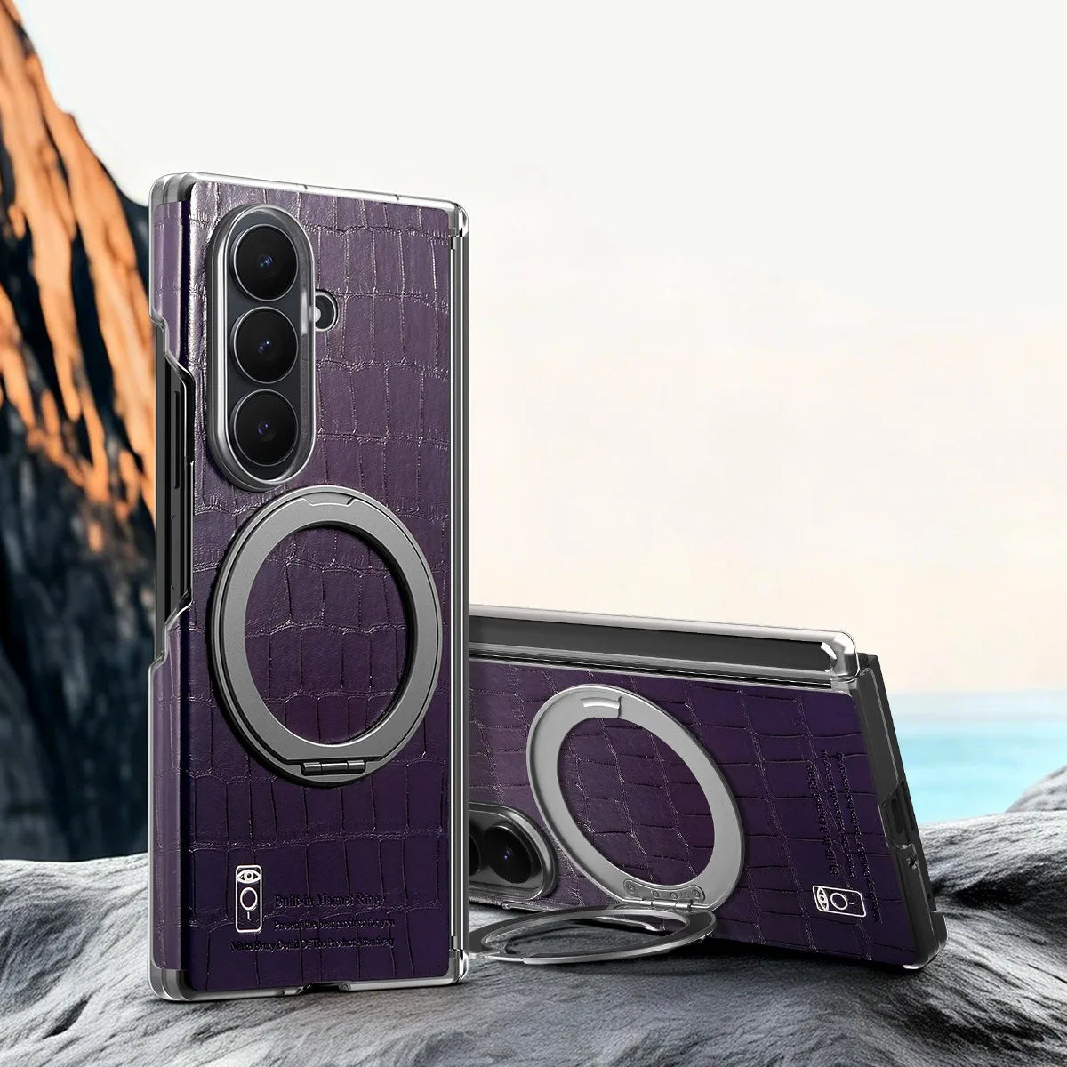 Crocodile-Embossed Leather Kickstand Case with 360° Rotating Ring for Samsung Galaxy Z Fold 6