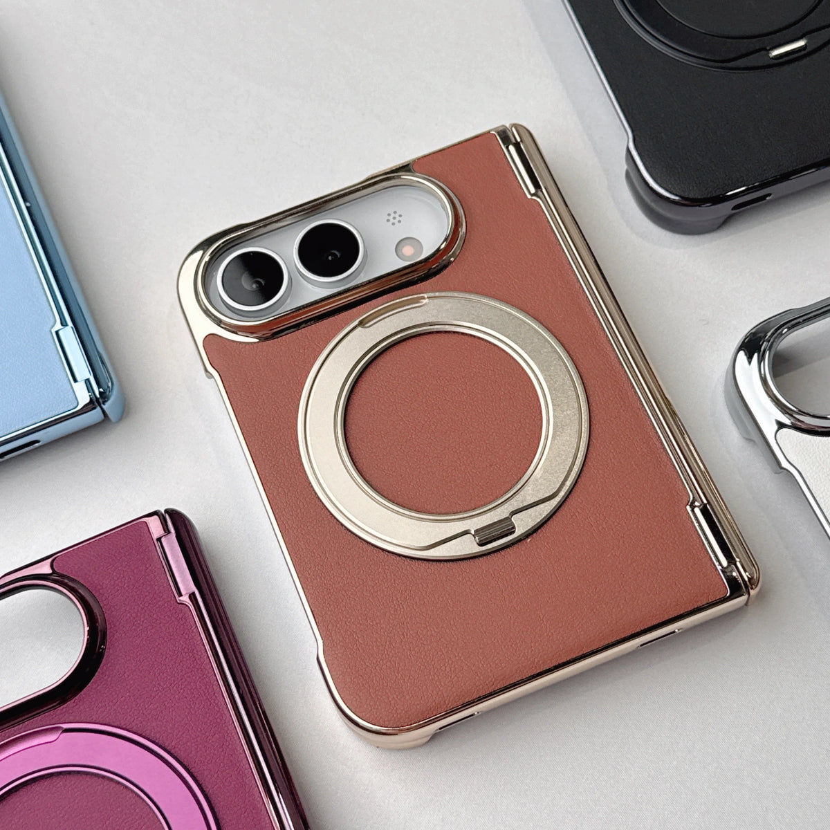 Leather Shockproof MagSafe Case with 360° Rotating Ring Stand for iPhone Duo