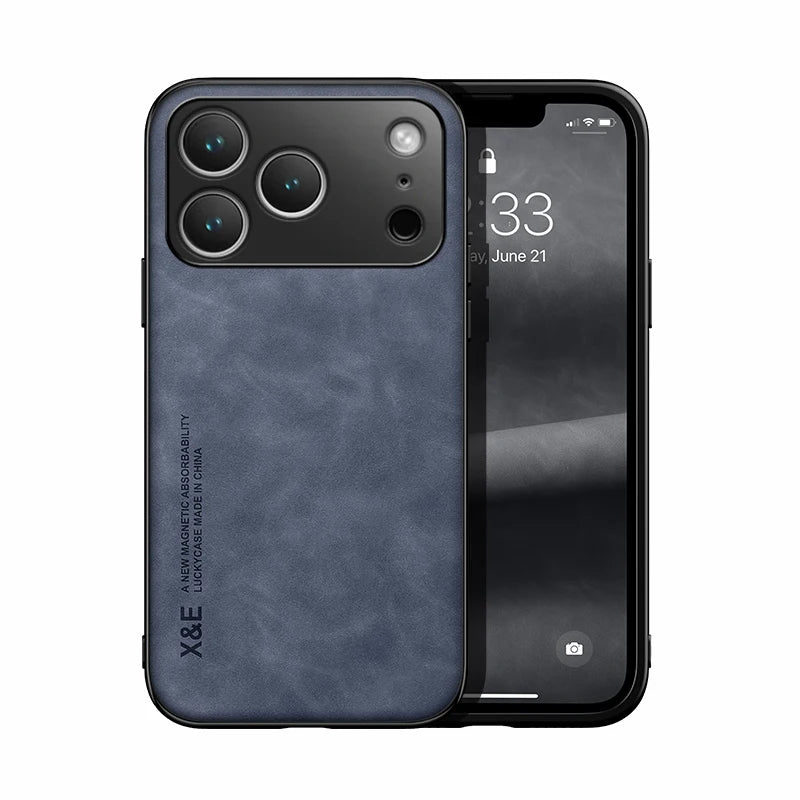 iPhone 17 Series PU Leather Magnetic Case with Built-In Metal Plate