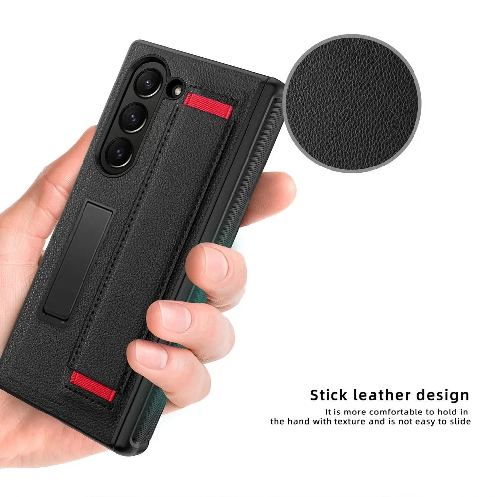 Full Coverage Hinge Protective Leather Case with Kickstand & Wristband for Samsung Galaxy Z Fold 5