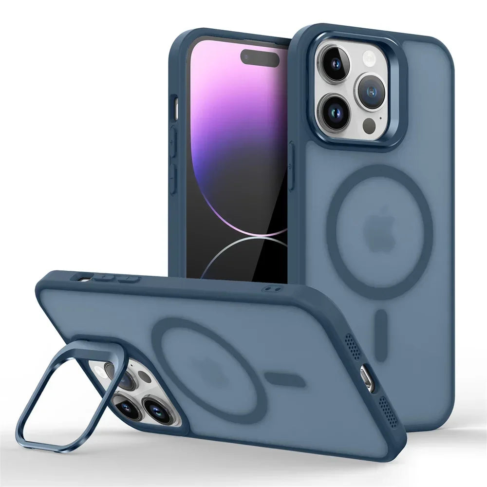 Shockproof Matte MagSafe Case with Metal Lens Stand for iPhone 16 Series