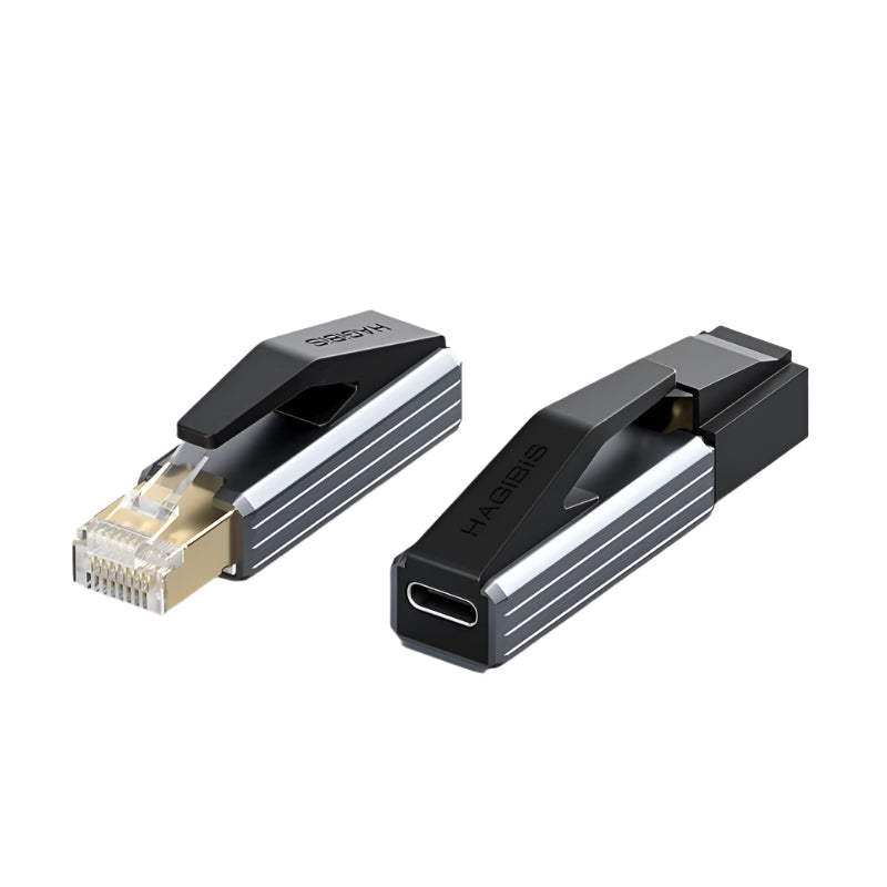 RJ45 to USB-C adapter on a light gray background with 'HAGIBIS' branding.