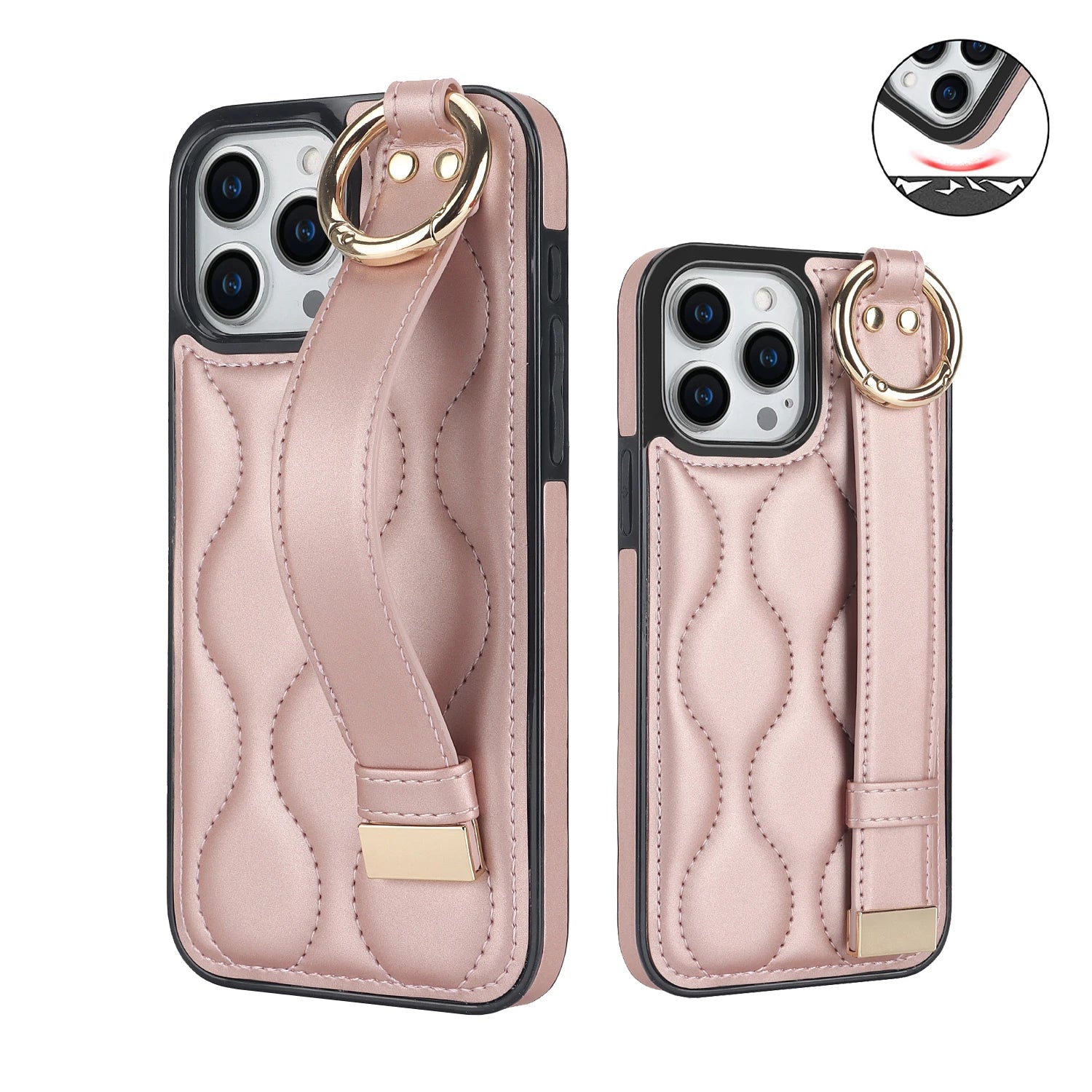 Shockproof Leather Phone Case with Wrist Strap & Ring for iPhone 15 Series