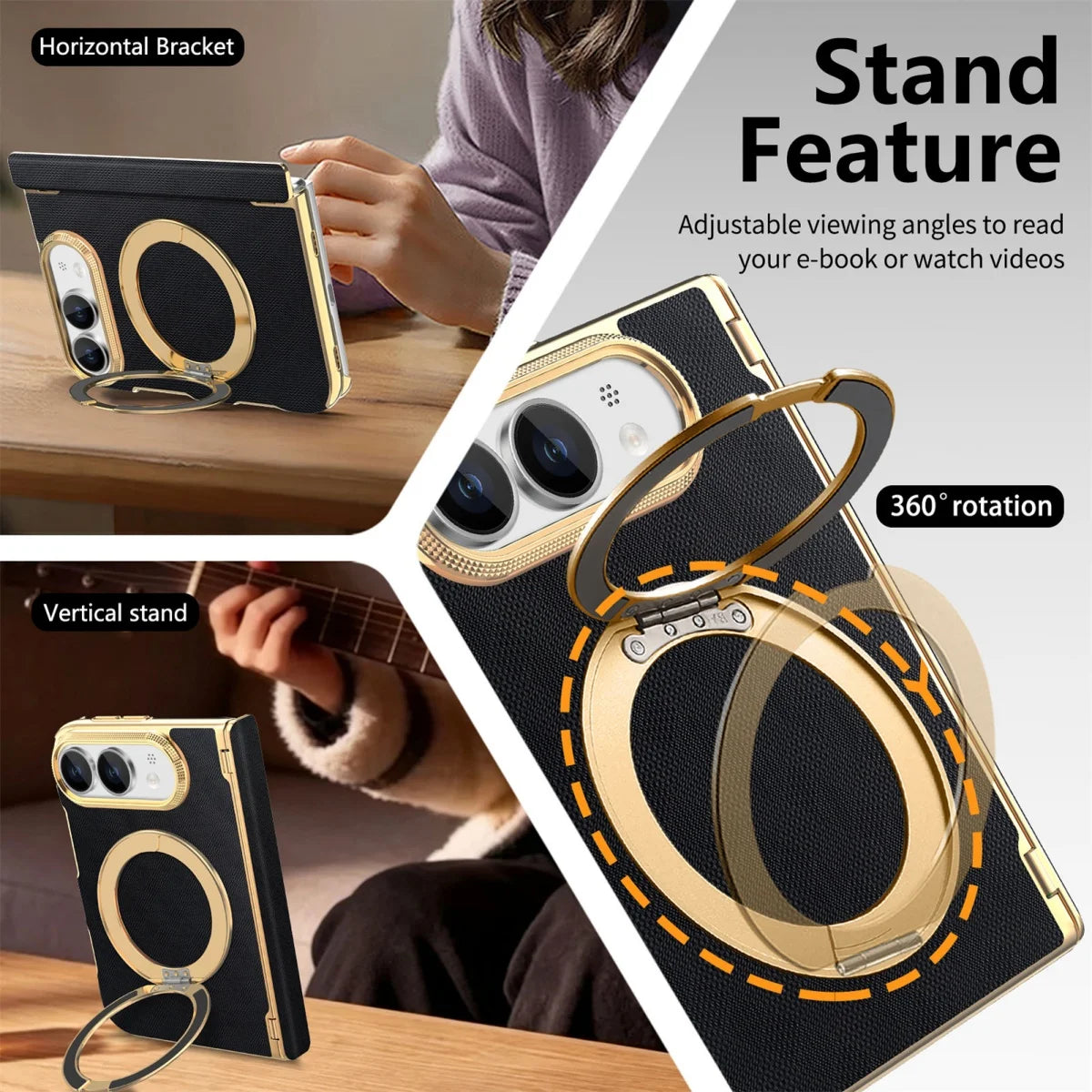 Fabric Leather Rotating Ring Holder Case with Electroplated Accents for iPhone Duo