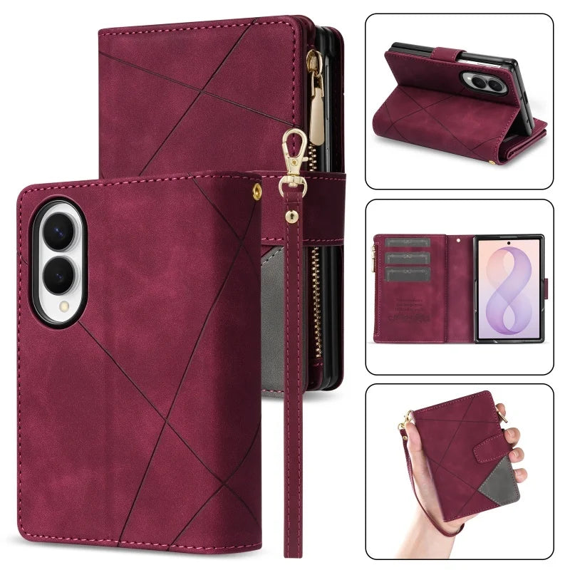 Embossed Leather 9-Card Wallet Case with Detachable Wrist Strap for Samsung Galaxy Z Fold 8