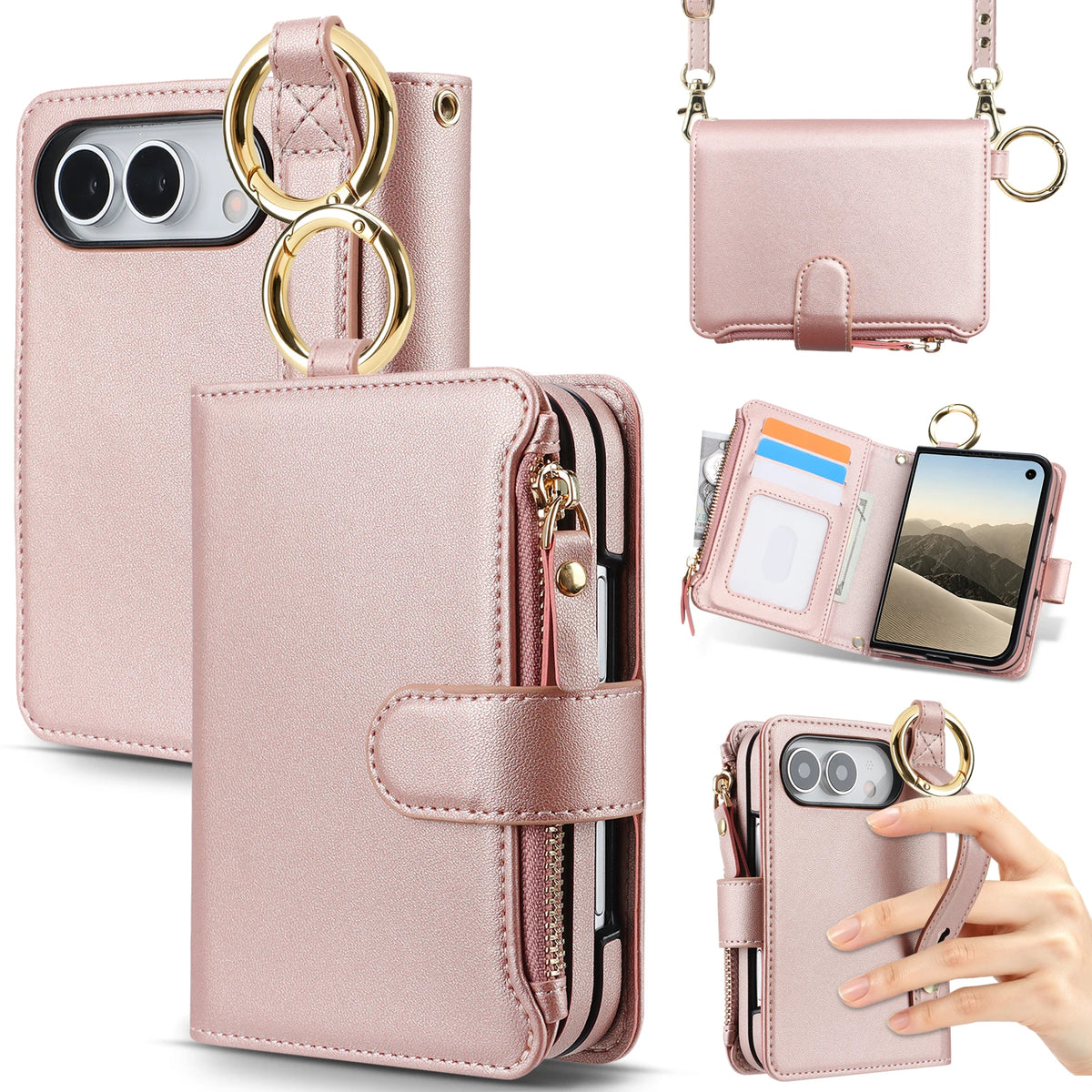 Zipper Wallet Case with Ring Hanger and Card Slots for iPhone Duo