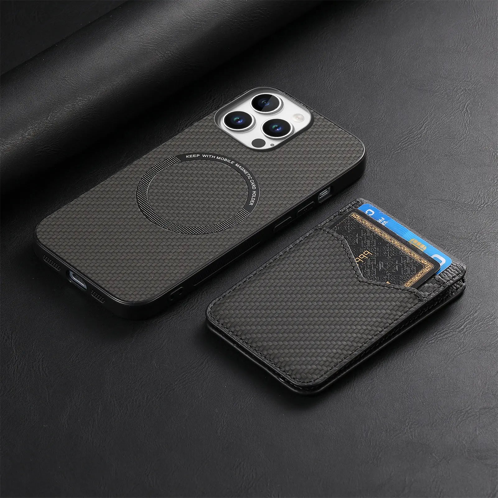 iPhone 15 Series Carbon Fiber MagSafe Case with Magnetic Wallet