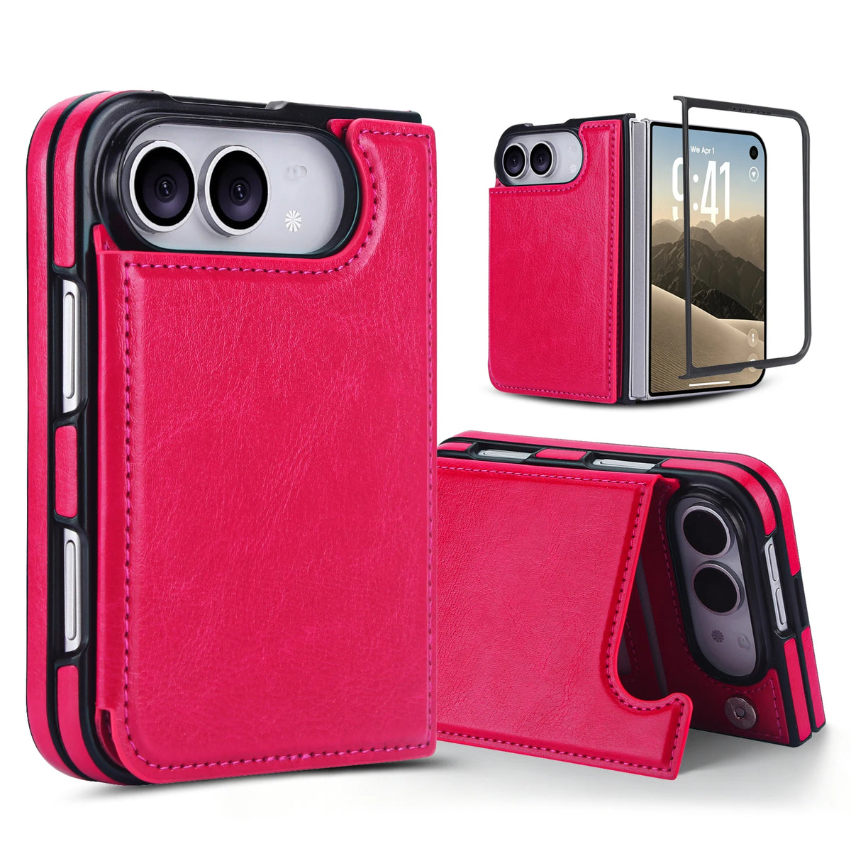 Leather Wallet Case with Card Slots and Foldable Stand for iPhone Duo