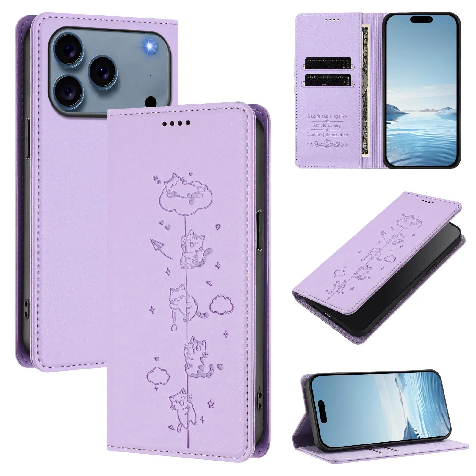 Embossed Cute Cat Flip Wallet Leather Case for iPhone 17 Series