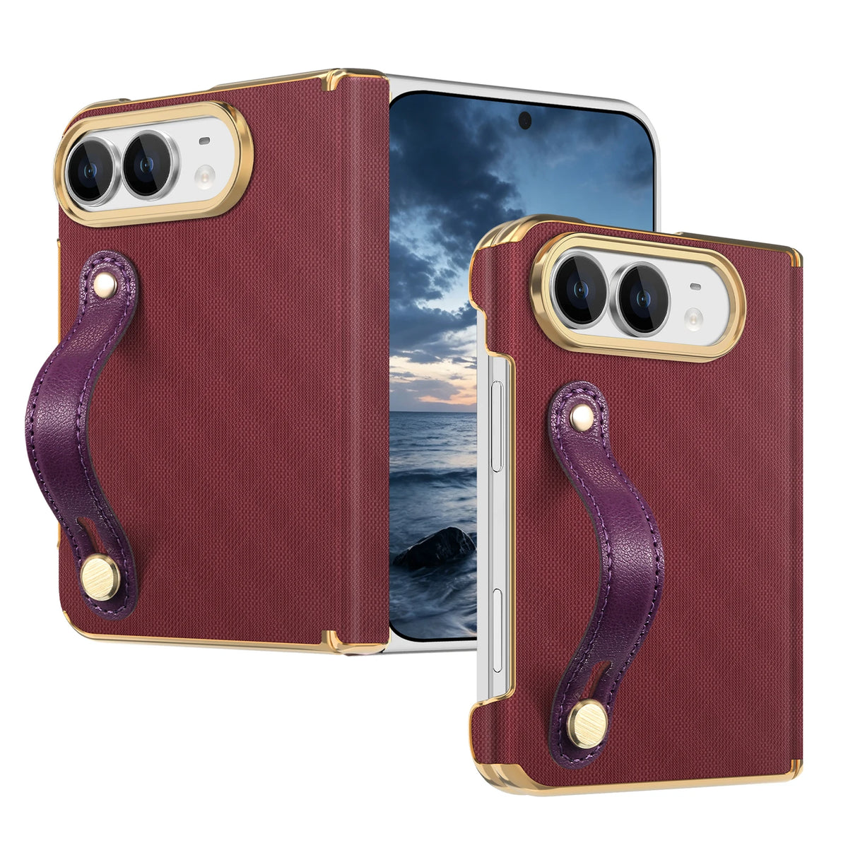 Textured Leather Case with Wrist Strap and Hinge Protection for iPhone Duo