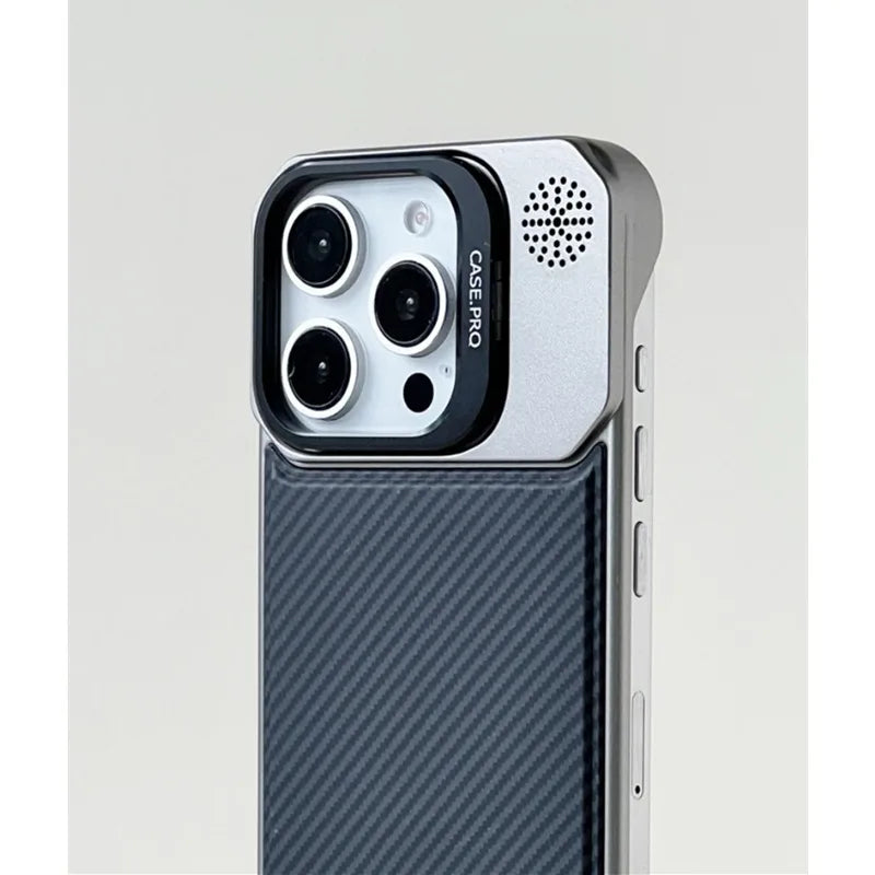 Carbon Fiber Pattern MagSafe Case with Alloy Lens Holder for iPhone 15 Series