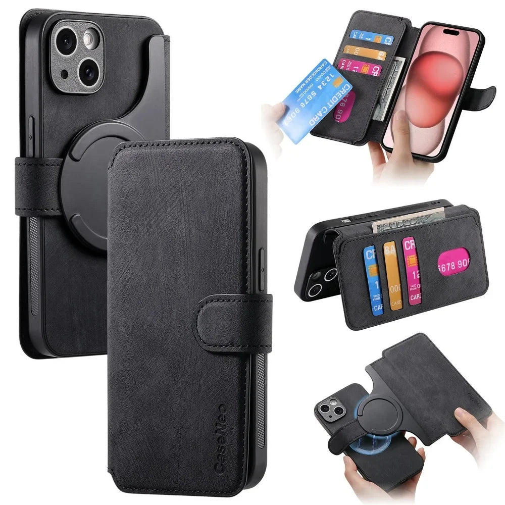 Magnetic Leather Wallet Case with Detachable Card Slot for iPhone 15 Series