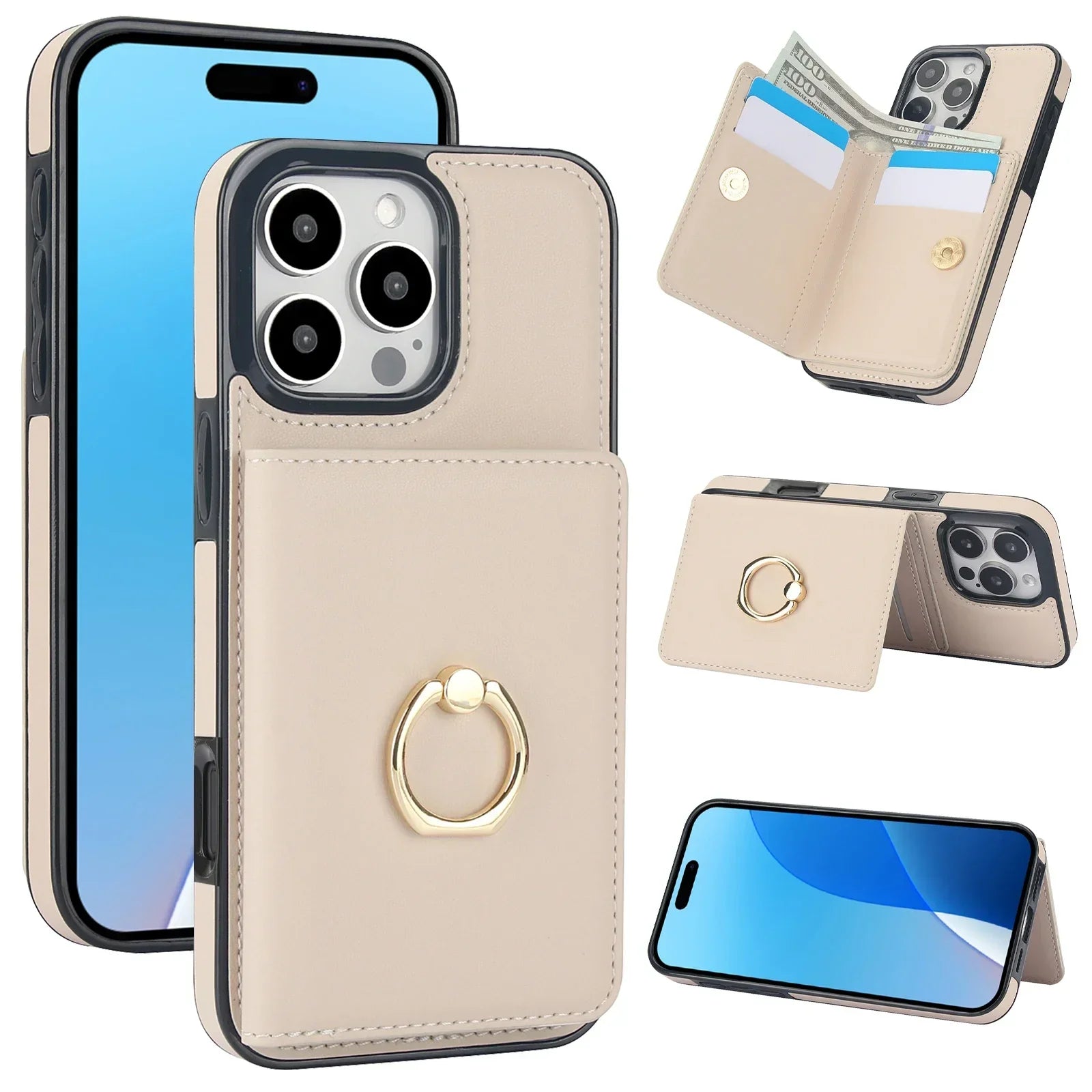 Premium Leather Wallet Case with 360° Ring for iPhone 16 Series