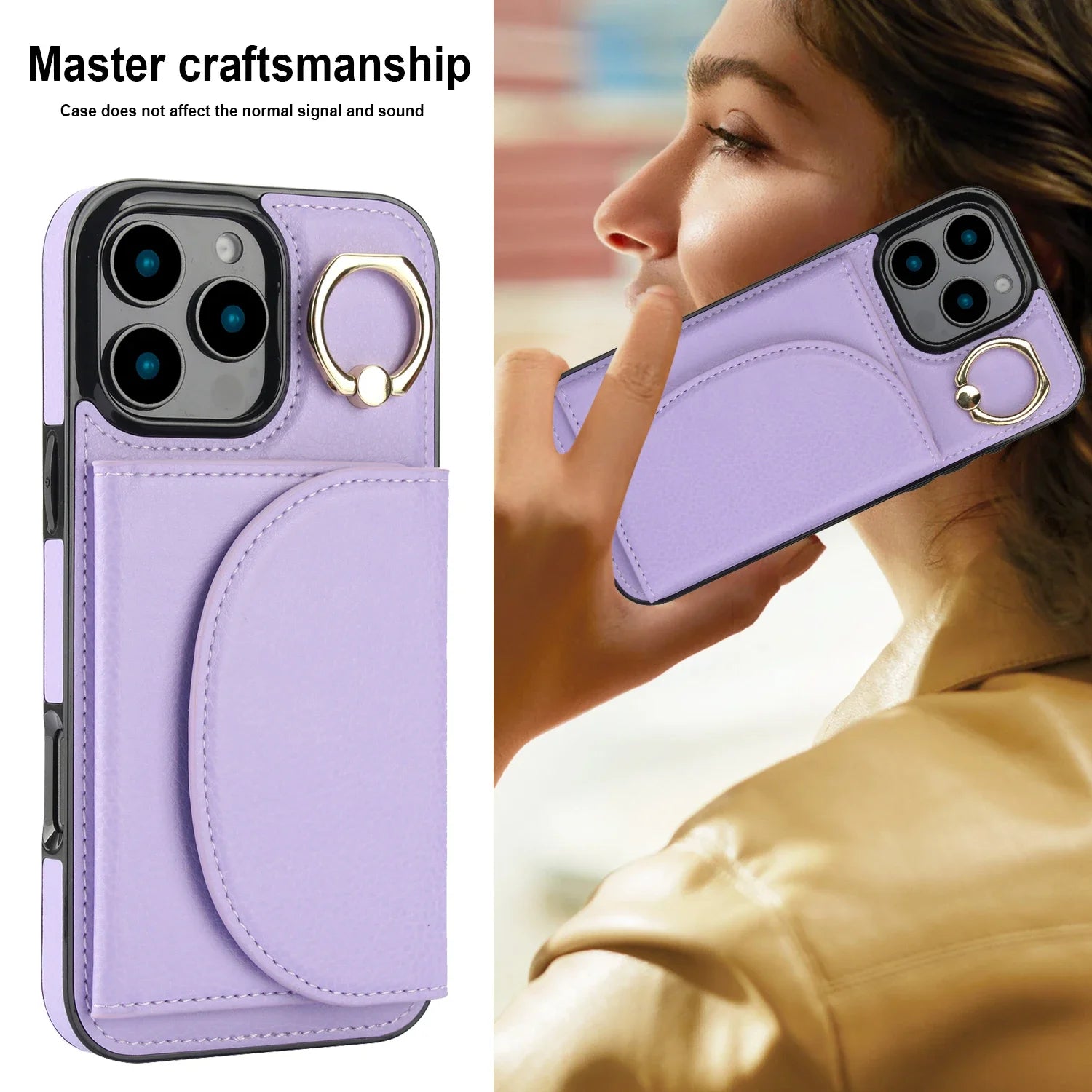 iPhone 16 Series Leather Wallet Case with Card Holder & Ring Kickstand