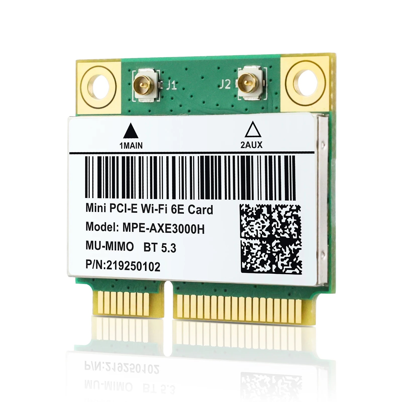 Mini PCI-E Wi-Fi 6E card with label on a white background