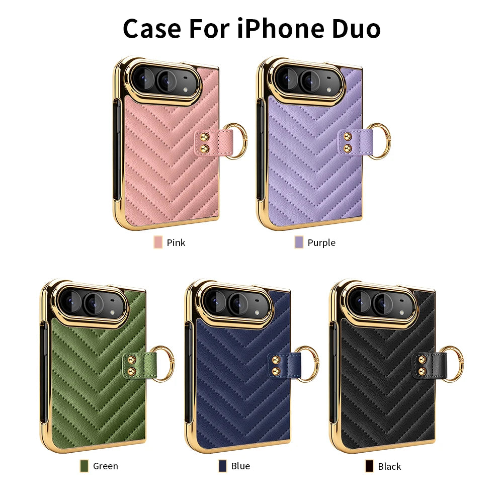 Chevron Quilted Leather Case with Ring Holder and Screen Protector for iPhone Duo
