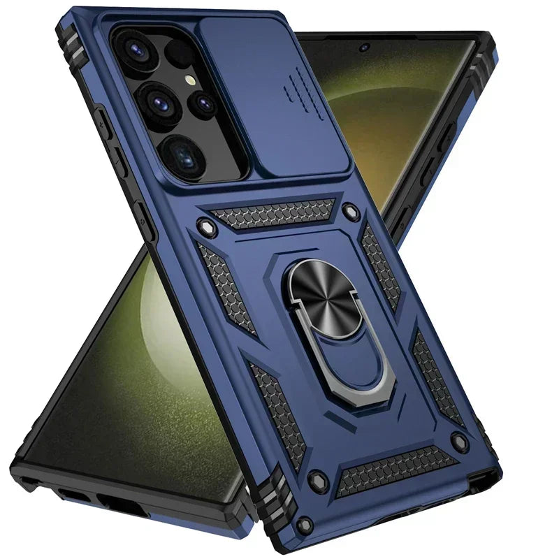Military Grade Slide Camera Lens Armor Case with Ring Stand for Samsung Galaxy S25 Series