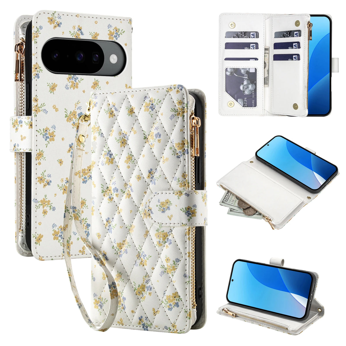 Quilted Floral Crossbody Wallet Case with Adjustable Shoulder Lanyard for Google Pixel 9 Series
