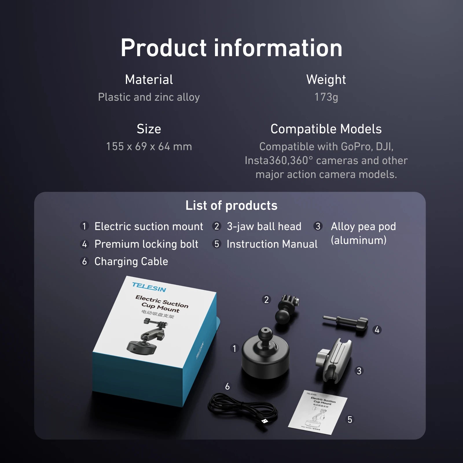 TELESIN Electric Suction Cup Mount for Action Cameras