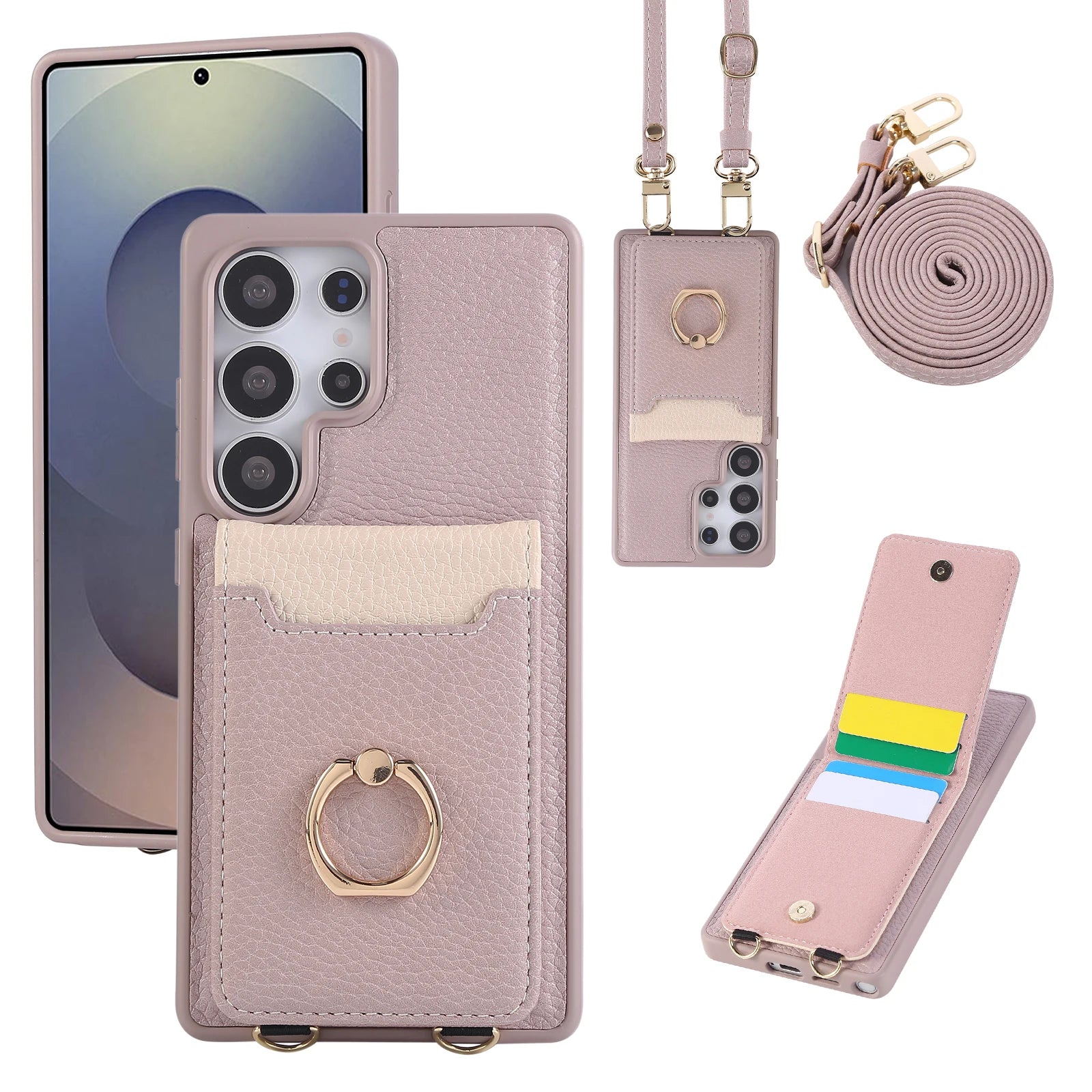 Grain Leather Crossbody Lanyard Case with Ring Holder and Card Slot for Samsung Galaxy S24 Series