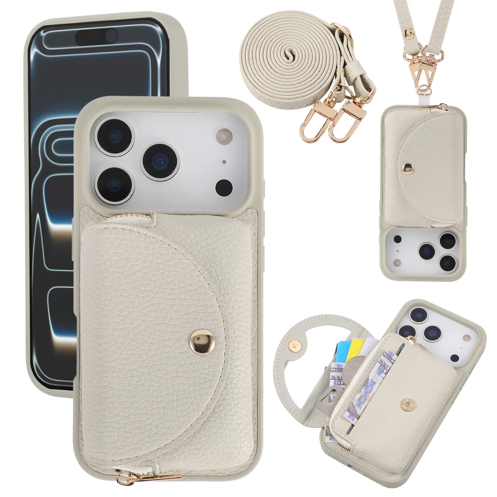 Crossbody Leather Wallet Case with Built-In Makeup Mirror for iPhone 17 Series