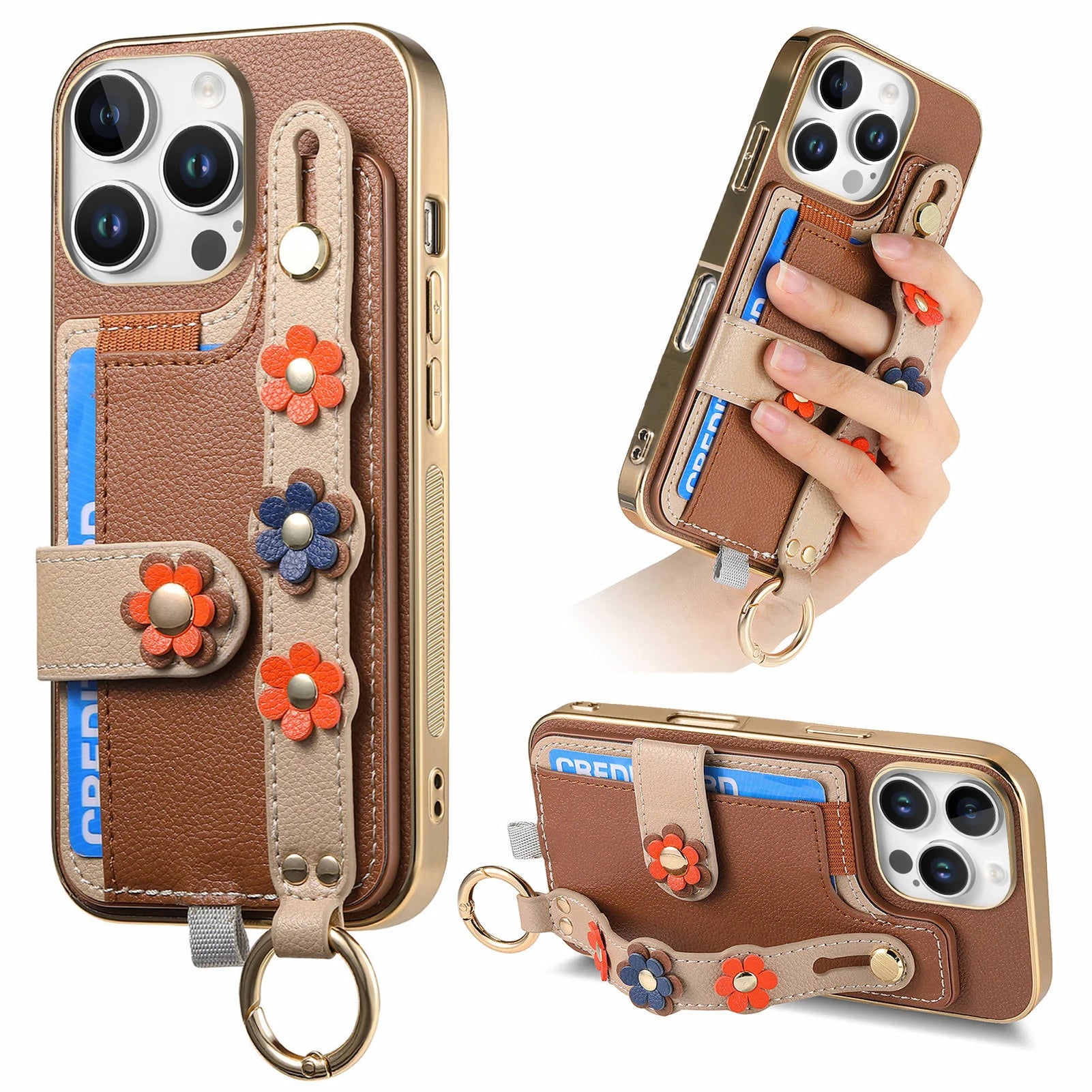 Shockproof Leather Wallet Case with Wrist Strap for iPhone 15 Series
