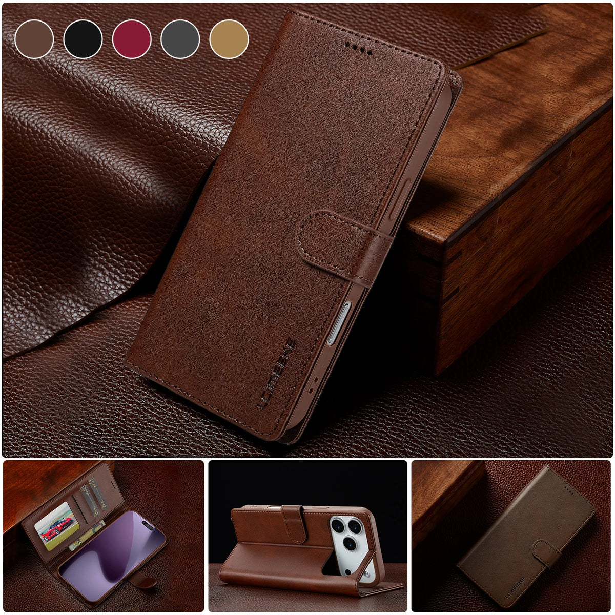 Leather Wallet Case with Magnetic Buckle Closure for iPhone 18 Series