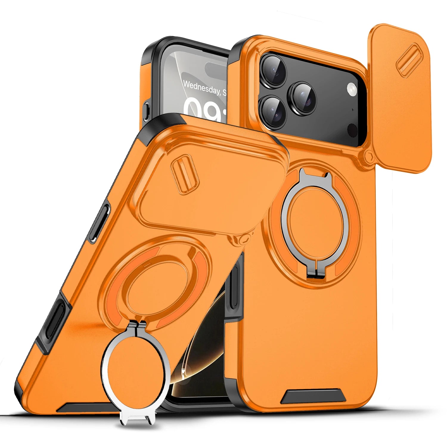 Durable Heavy Duty Case with Camera Slide Cover & Magnetic Ring Kickstand for iPhone 17 Series