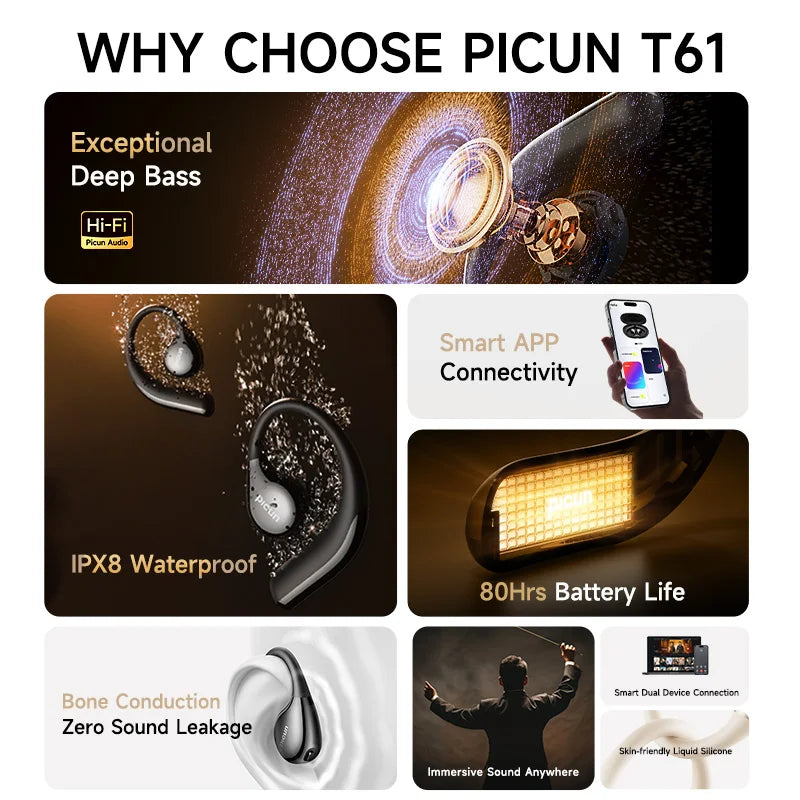 Picun T61 Bluetooth 6.0 Bone Conduction Earphones
