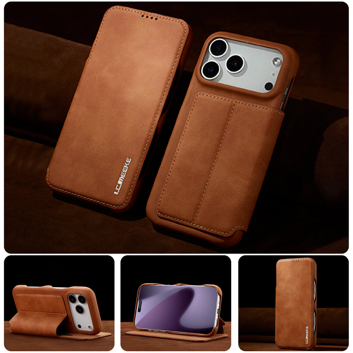 Suede Leather Flip Folio Case with Screen Protection for iPhone 18 Series