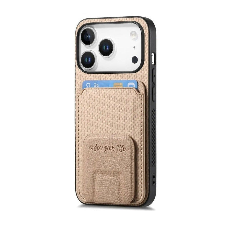 Carbon Fiber Pattern Magnetic Leather Wallet Case with Invisible Kickstand for iPhone 17 Series