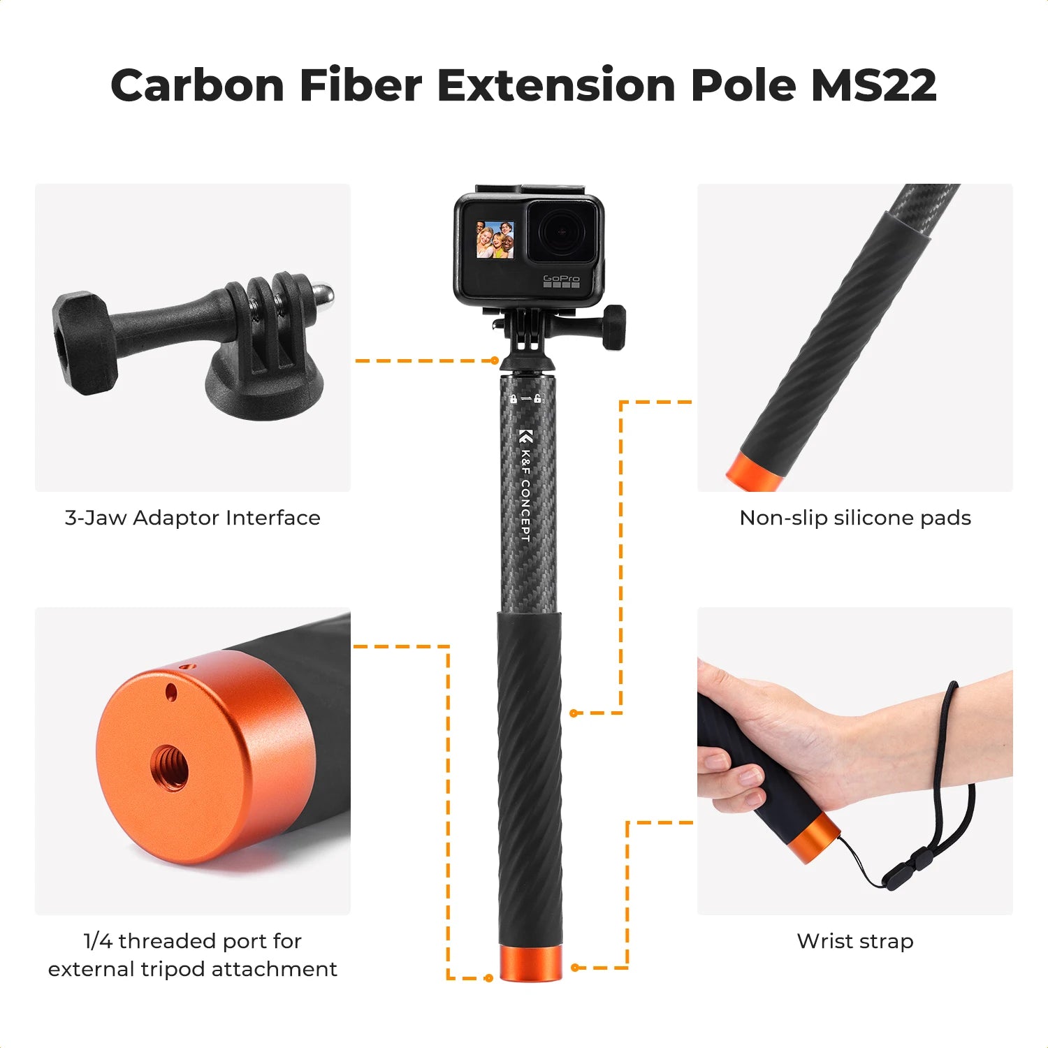 K&F Concept Long Carbon Selfie Stick for Sports & Action Cameras
