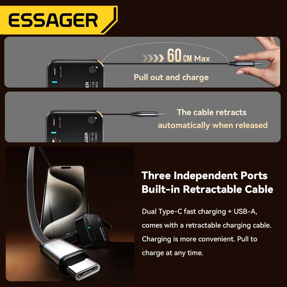 Essager 65W USB-C Car Charger with Retractable Cable