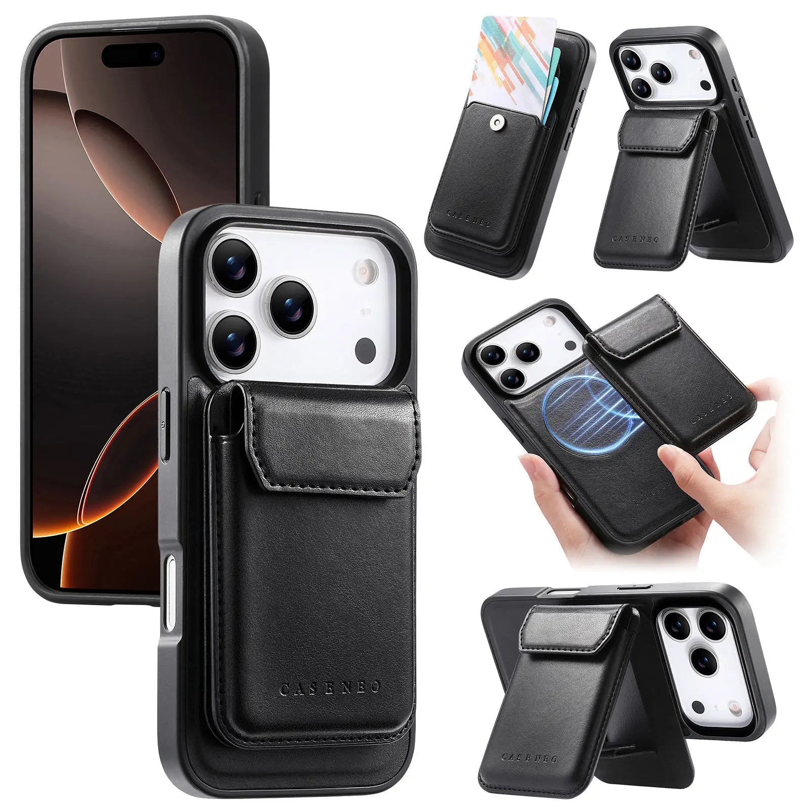 Shockproof Leather MagSafe Case with Detachable Card Holder for iPhone 17 Series