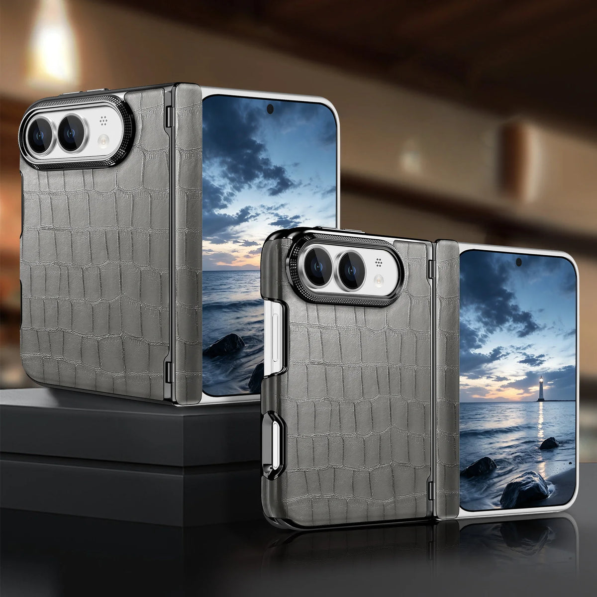 Crocodile Embossed Leather Case with Camera Lens Protection Ring for iPhone Duo