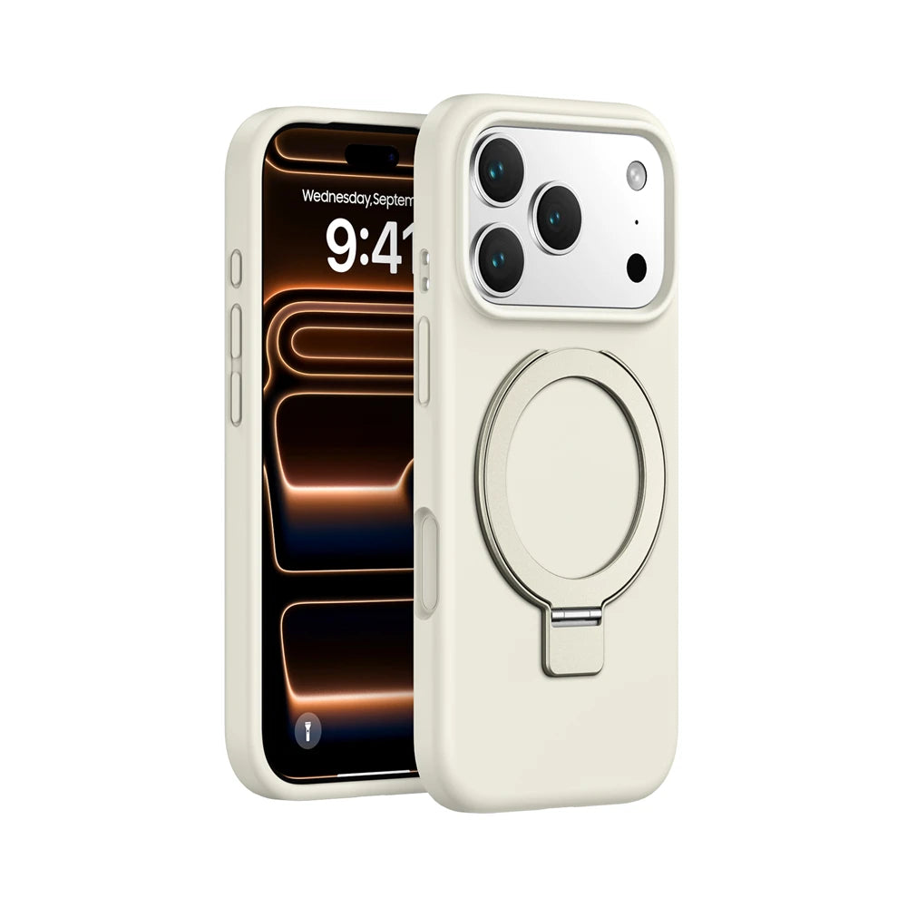 Matte Liquid Silicone Magnetic Case with Rotating Ring Holder for iPhone 17 Series