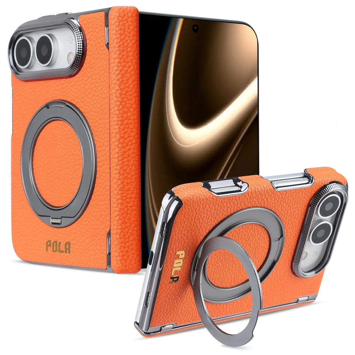 Litchi Grain Leather MagSafe Case with 360° Rotating Ring Stand for iPhone Duo