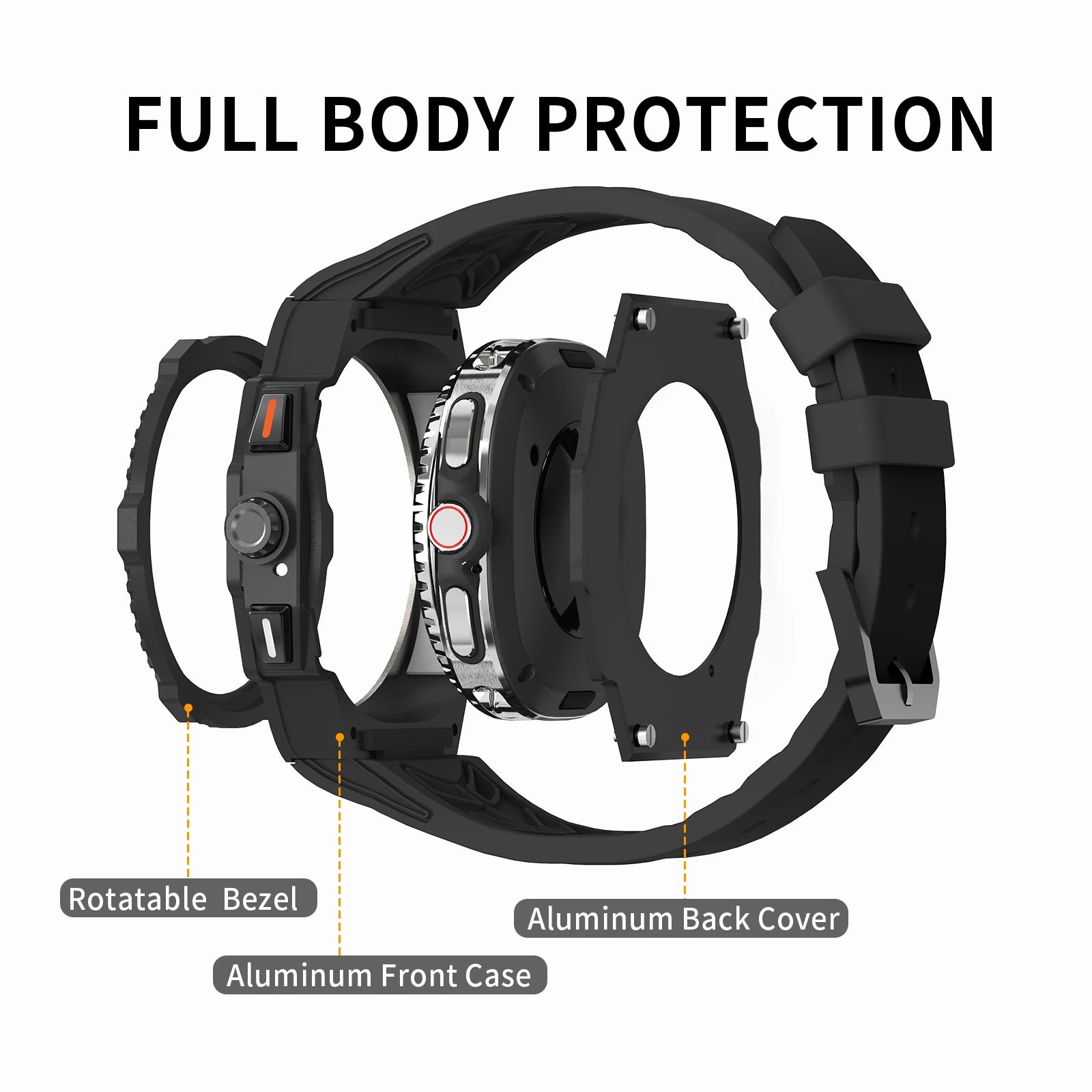 Luxury Stainless Steel Tactical Case and Silicone Sport Band Modification Kit for Samsung Galaxy Watch 8 Classic