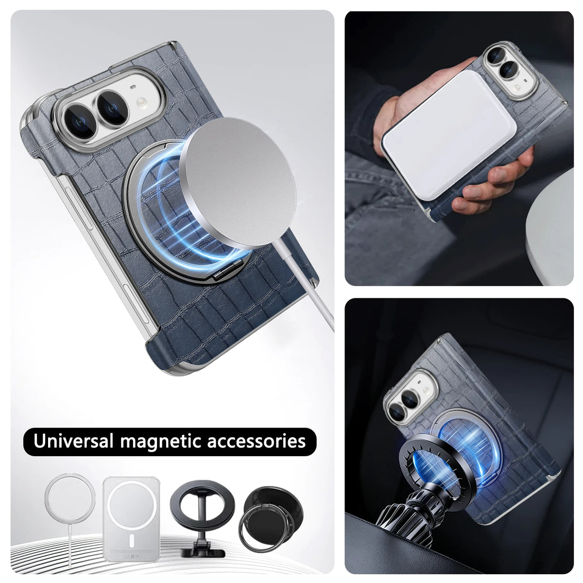 Crocodile Embossed MagSafe Case with 360° Rotating Ring Stand for iPhone Duo