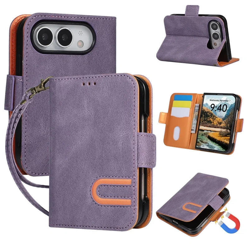 Leather Flip Wallet Case with U-Shaped Magnetic Buckle for iPhone Duo