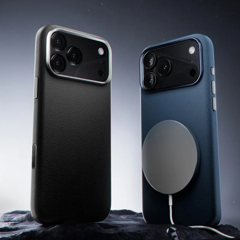 Luxury Leather MagSafe Case with Metal Camera Guard for iPhone 17 Series