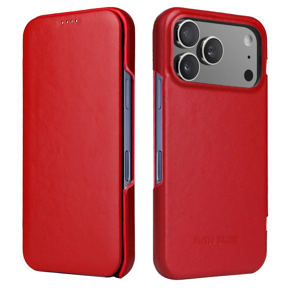 Premium Natural Cowhide Leather Flip Case for iPhone 17 Series