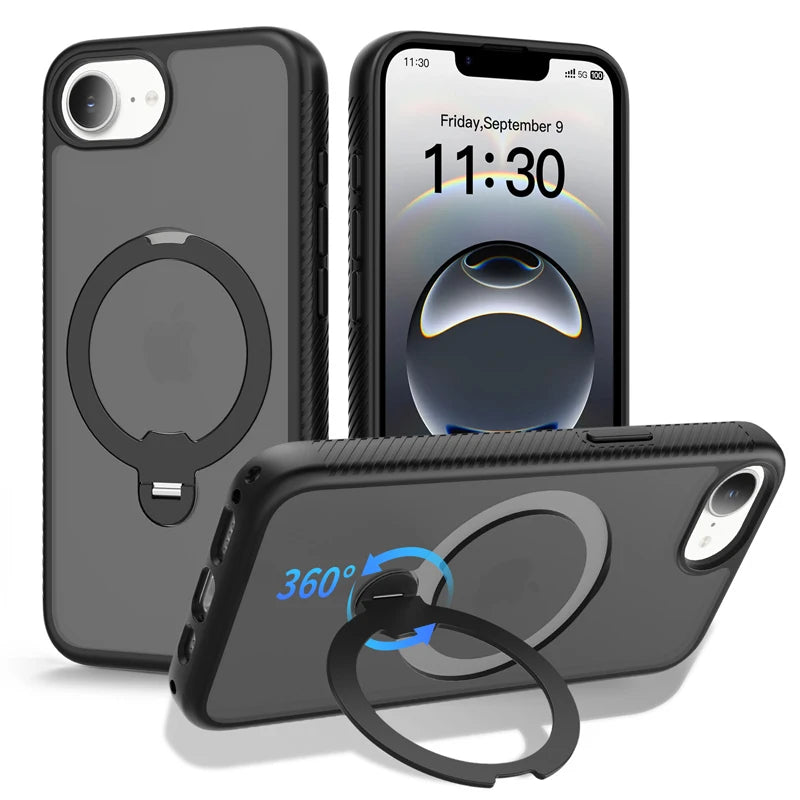 MagSafe Compatible Frosted Case with Metal Ring Stand for iPhone 16e